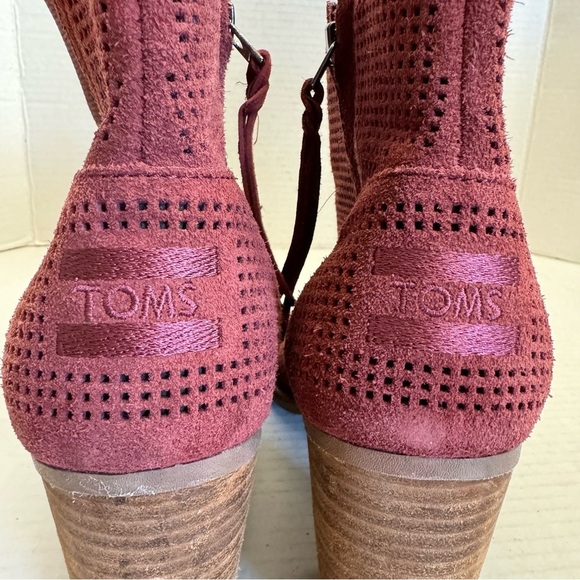 TOMS Majorca Boots Size 7.5 Block Heel Open Toe Burgundy Suede Bootie - Picture 9 of 16